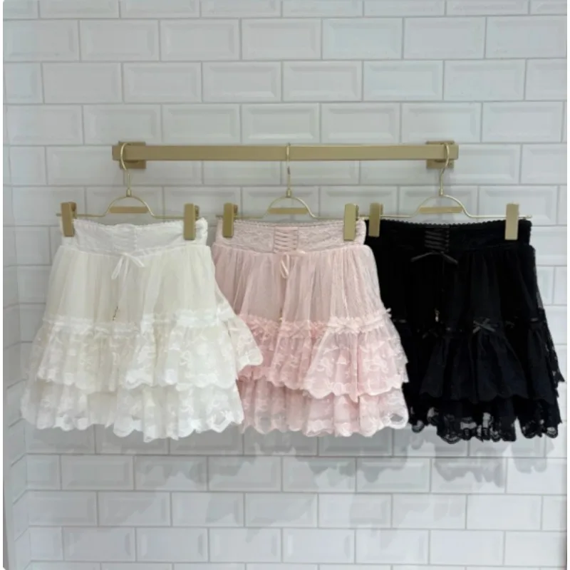 Sweet Girl Short Skirt Rose Bow Lace Kawaii Lolita Skirts Japanese Style Production Type High Waist Skirts for Women Summer