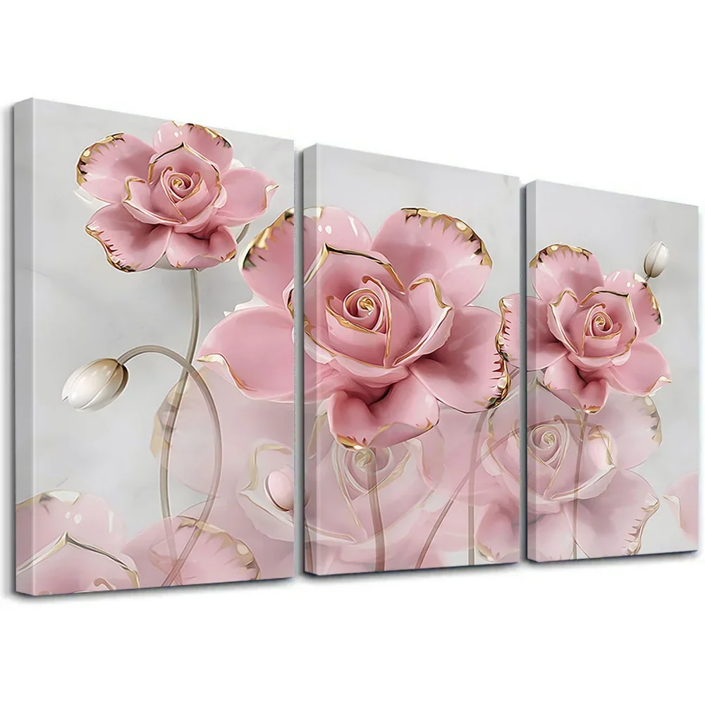 (No frame)2D Flat, 2D Flat, Set of 3 Framed Pink Lotus Canvas Art, Stylish Floral Paintings for Wall Decoration, Gorgeous Flo