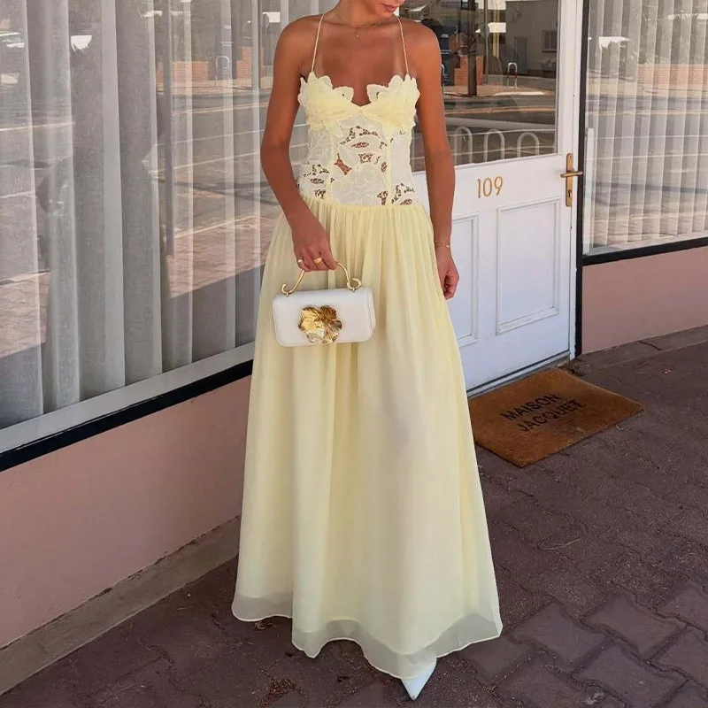 

Floral Cutout Strapless Tulle Dress Sheer Panel Sleeveless 2026 Spring Elegant Women Vacation Skirt Fashion Retro Lady Vestido