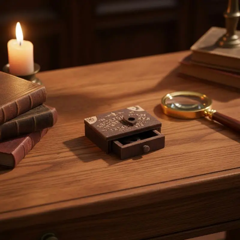 Miniature Ouija Board with Wooden Drawer Micro Landscape Retro Decor for Desk Spiritual Meditation Room Shelf Ornament