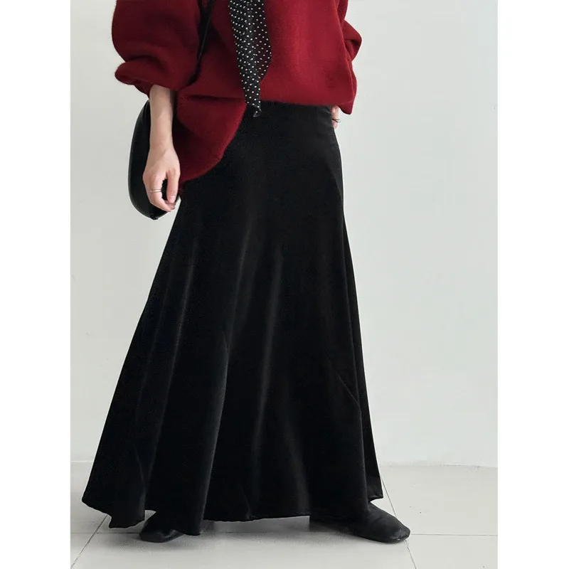 EAEOVNI Elegant Velvet Women's Skirt Solid Color High Waist A Line Folds Long Skirts Fashion 2025 Autumn Winter New Clothing