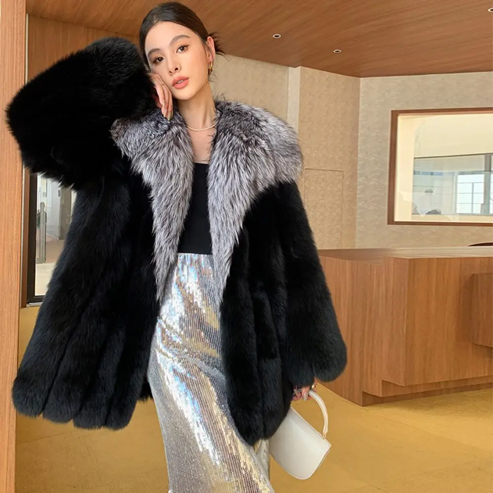 Luxury Real Fox Fur Coats Women's Natural Fur Lapel Jackets Winter Fashion Warm Genuine Fox Fur Mid-length Thick Overcoats