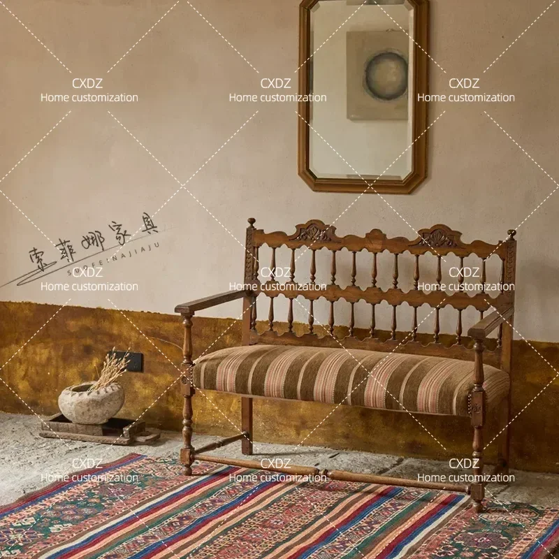 Retro Medieval Style Solid Wood Chair Carved Hollow Stripe Design Casual Cafe Bench for Bed and Breakfast Studio Furniture