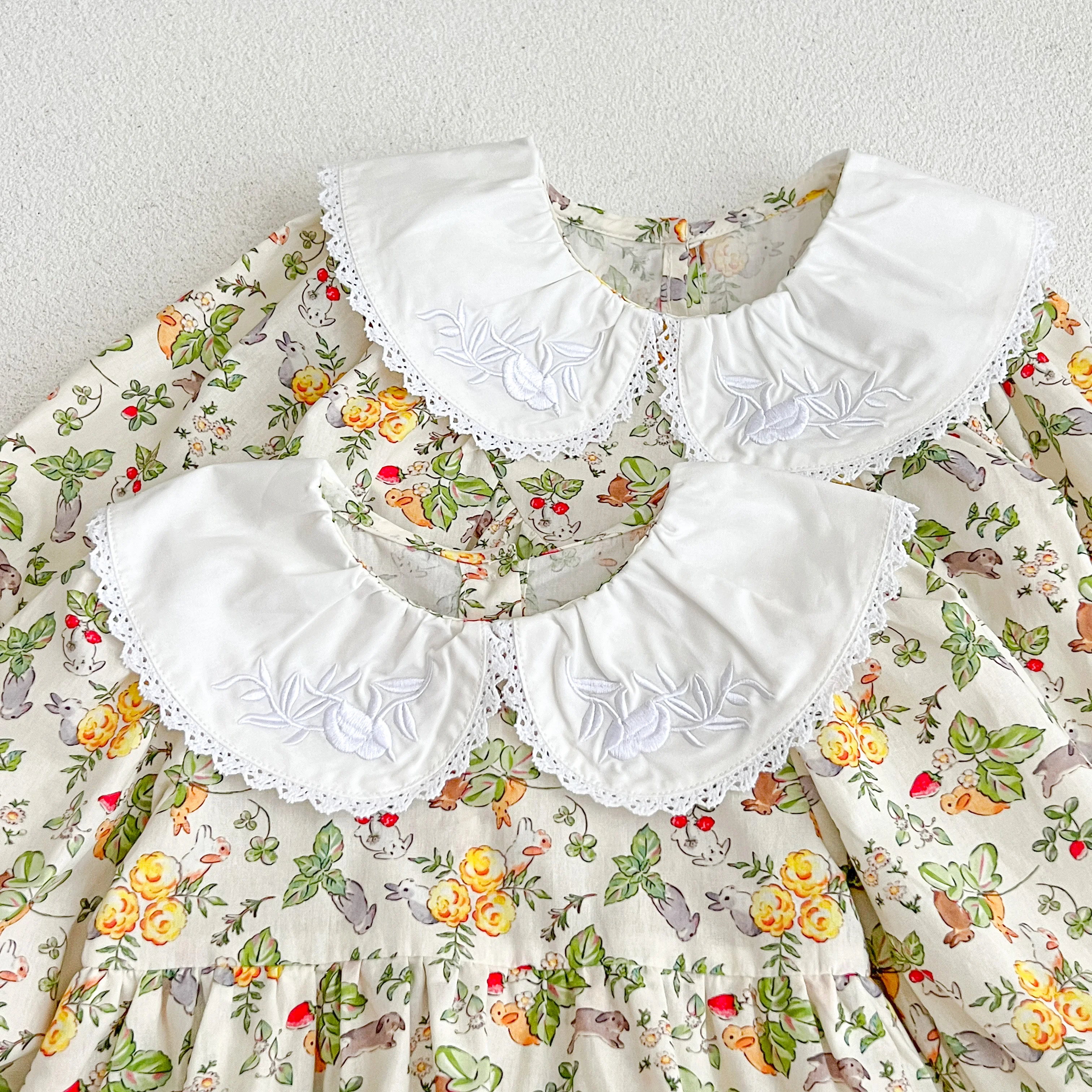 Familien look Frühling Blumen kleid Baby Mädchen bestickt Pandora Kragen Baumwoll kleid Baby Mädchen Blumen Bodysuit Schwestern Look Kleidung – Detail 27