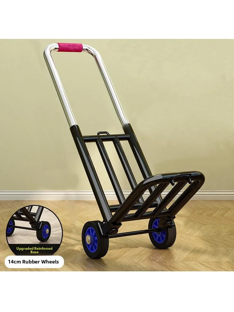 ステンレス鋼の厚みのある手引き荷物カートポータブルショッピングカート小型プッシュカート折りたたみ式ドリーヘビーデューティーキャリア