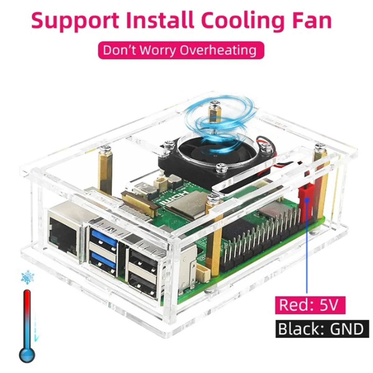 For Raspberry Pi 5 Acrylic Case Transparent Case with Cooling Fan Aluminum Heat Sink for Pi 5 D