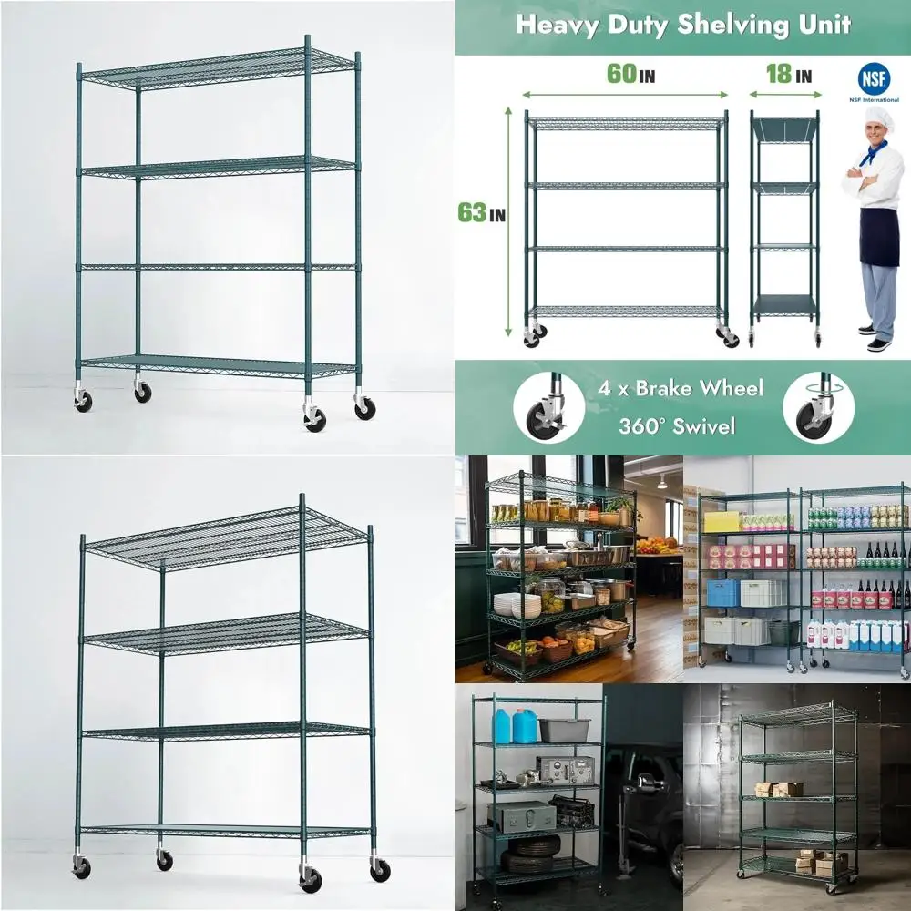 Сверхмощные стеллажи из стальной проволоки коммерческого класса, 18x60x63, подходят для влажной и сухой среды, зеленая эпоксидная отделка, 4-т.