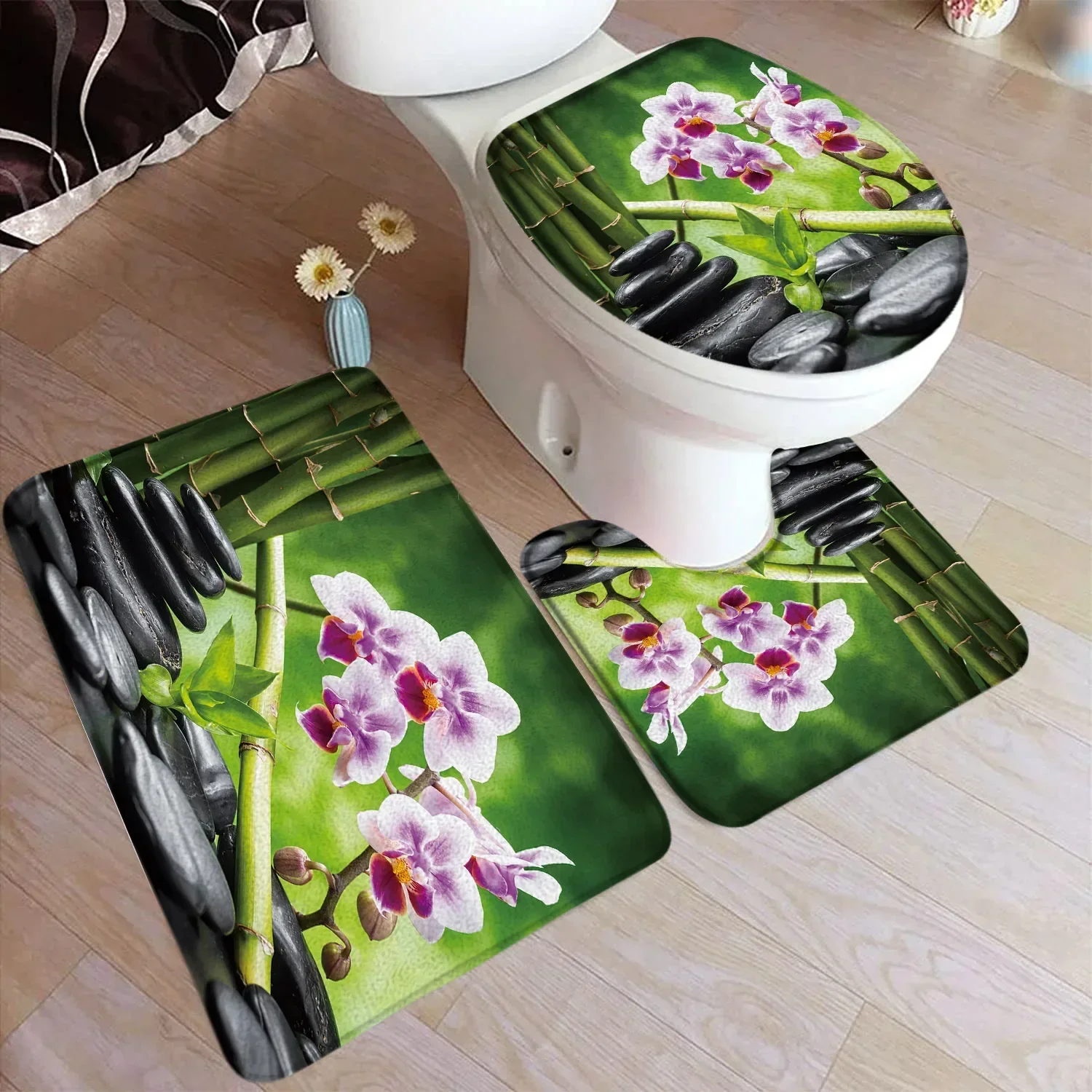 Zen Green Bamboo Bath Mat Set Natural Orchid Flower Black Stone Plant Home Carpet Łazienka Dekoracyjny dywanik podłogowy Pokrywa toalety
