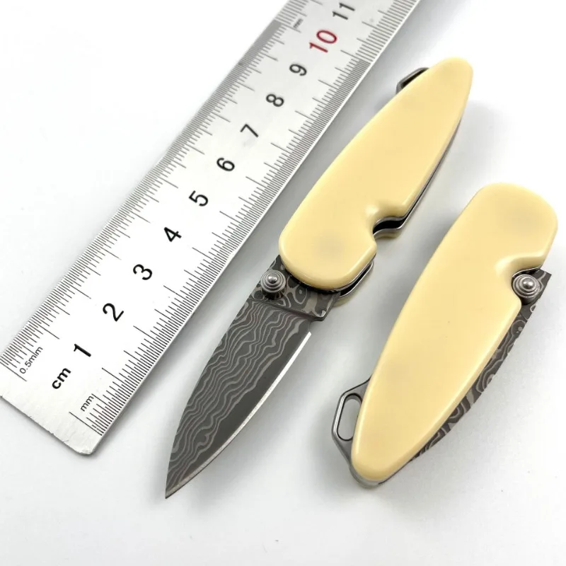 Portable Lockless Mini Multifunctional Folding Pocket Knife Damascus Steel Blade Resin Handle  Hunting Fruit Knives EDC Tools