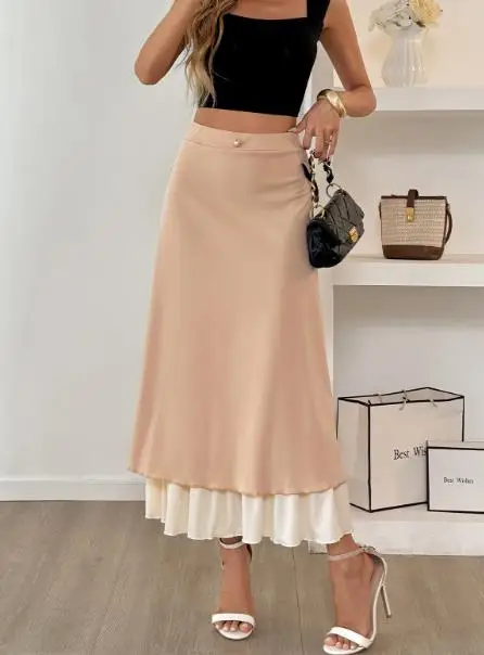 

New Fashion Commuting A-Line Skirt 2025 New Casual Vacation Skirt Button Decor Layered Skirt Temperament Women's Elegant Skirts