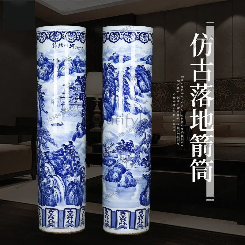 Jingdezhen ceramic blue and white porcelain hand-painted splendid mountains and rivers landing big quiver hotel big vase