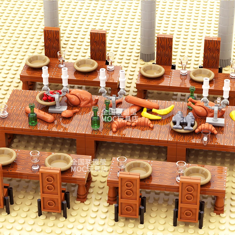 MOC City Restaurant Table Chair Bar Furniture Building block Medieval Figures Accessories Food Turkey Fruit Bricks Diy Toys