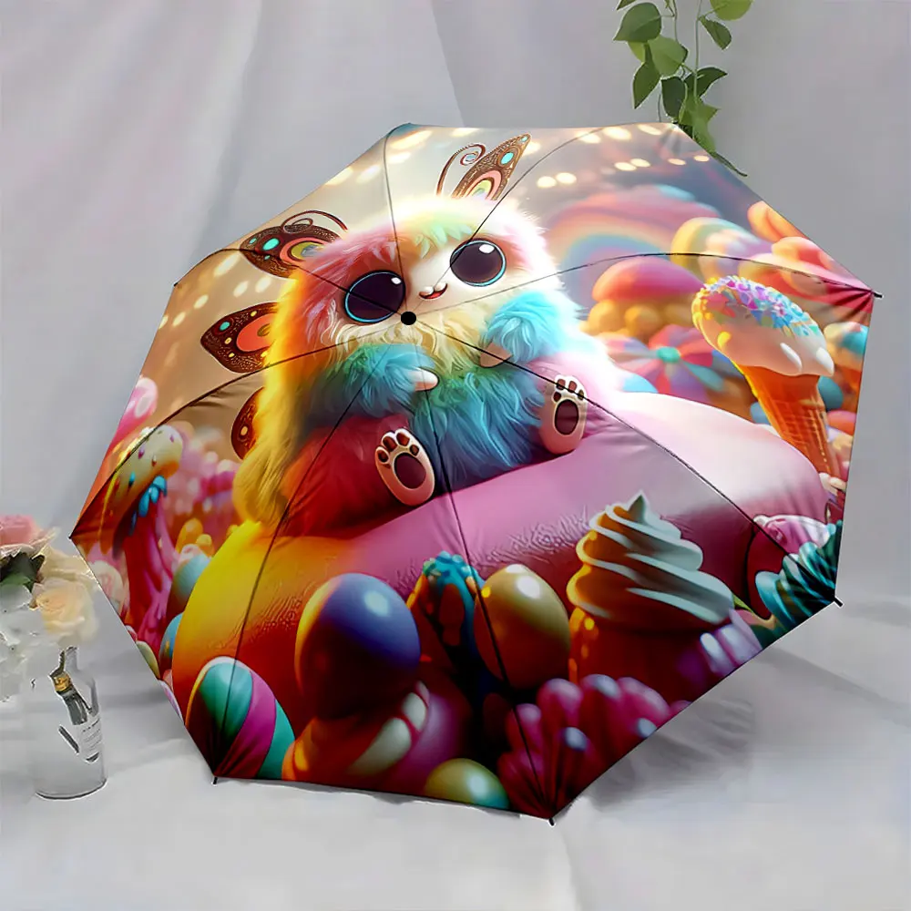 Rainbow Furry Creature with Butterfly Wings and Candy Scene portable waterproof sun rain umbrella for outdoor travel beach