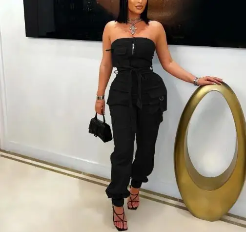 

Cargo Jumpsuit Women 2025 Summer Solid Color Multi Pocket Design Strapless High Waist Casual Lace Up Workwear Cuffed Jumpsuit