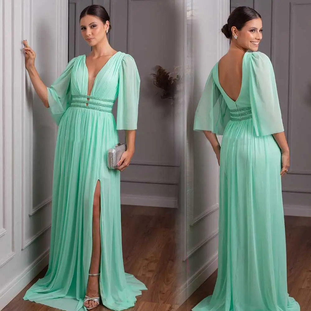 

Temperament Sheath Evening Dress Chiffon Pleated Deep V-Neck High Slit 3/4Long Sleeve Beading Belt Backless Women's Prom Gown