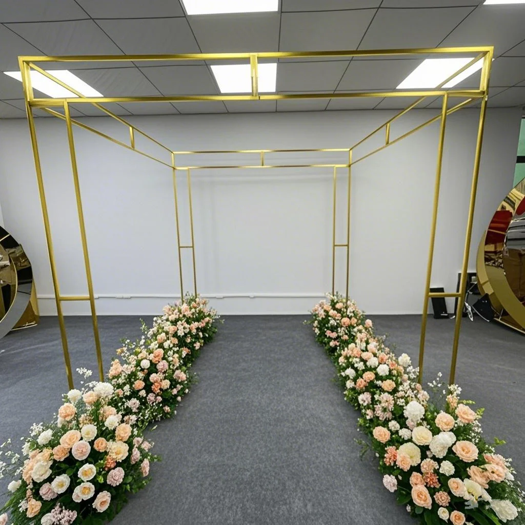 

Shiny Gold Wedding Arch, Wedding Props, Double Pole, Square Flower Stand, Outdoor Frame Shelf, Party Backdrop Decor