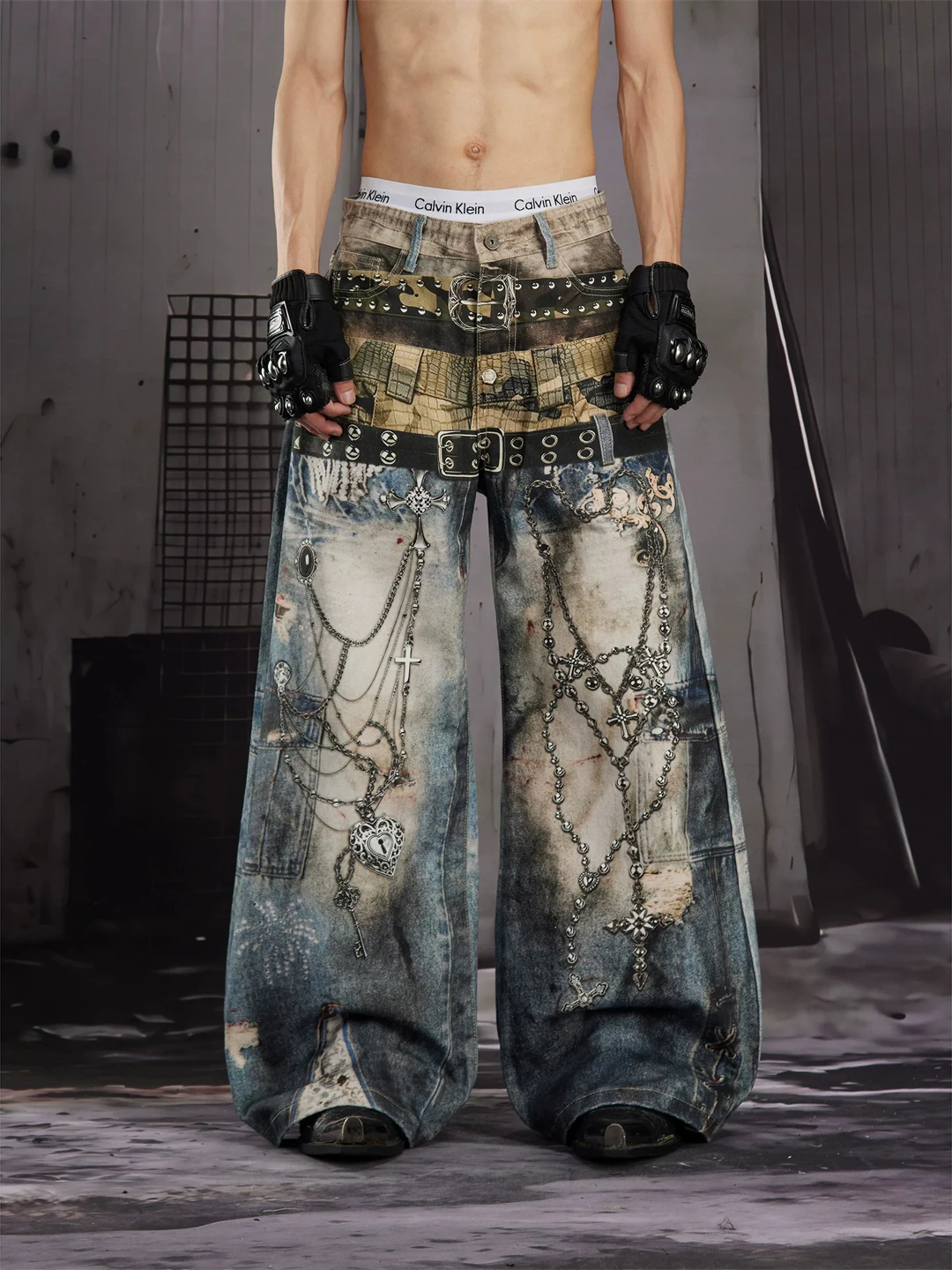 American Style Worn-in 3D Printed Chain Belt Straight Leg Men's Jeans Loose Wide Leg Pants Design Sensation Long Trousers