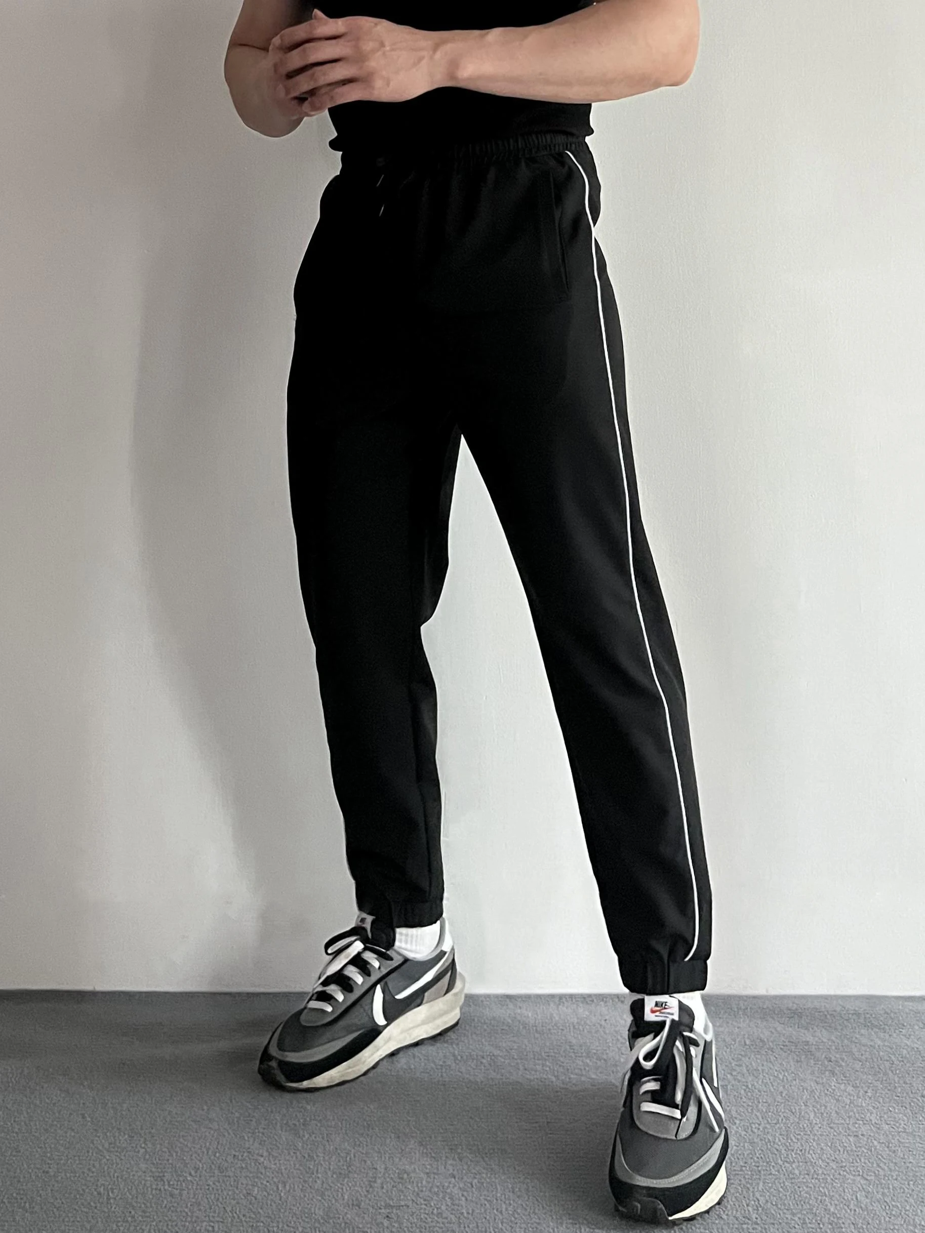 Summer Thin Stripe Ice Silk Quick Dry Slimming Sports Running Trousers Fitness Black Nine Points Men's Casual Pants Straight Leg