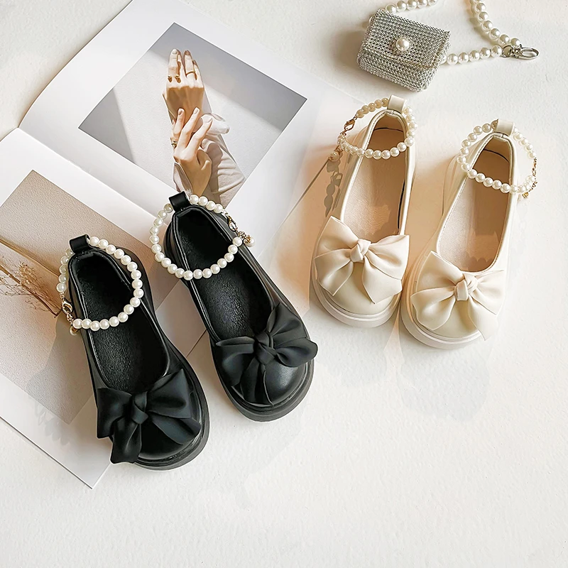 Fashion Girl\'s Mary Janes Shallow Ribbon Bowtie Beading Strap Children Leather Shoes Party Black Beige Four Seasons Girl Shoes