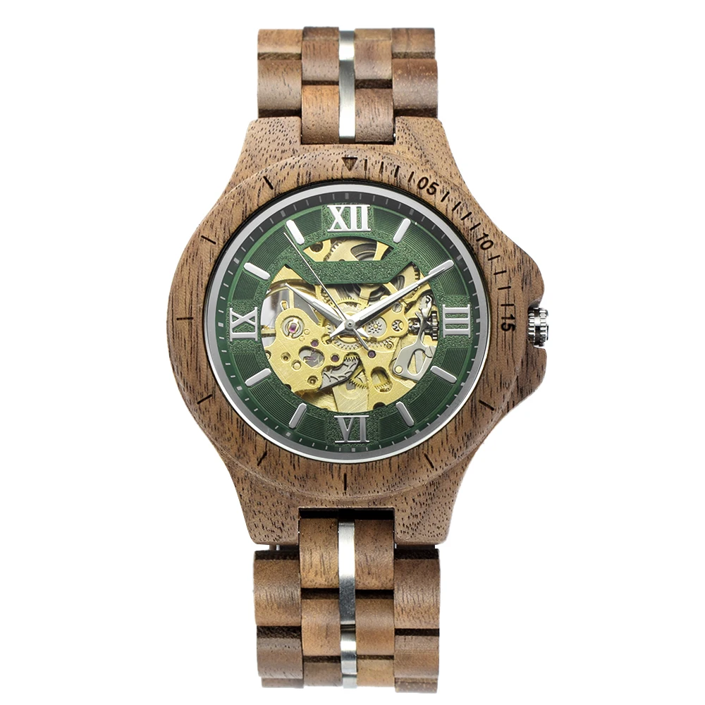 Mens Self Winding Mechanical Timepiece Retro Handcrafted Wood Steel Combination Skeleton Luminous Roman Number Dial Wrist Watch