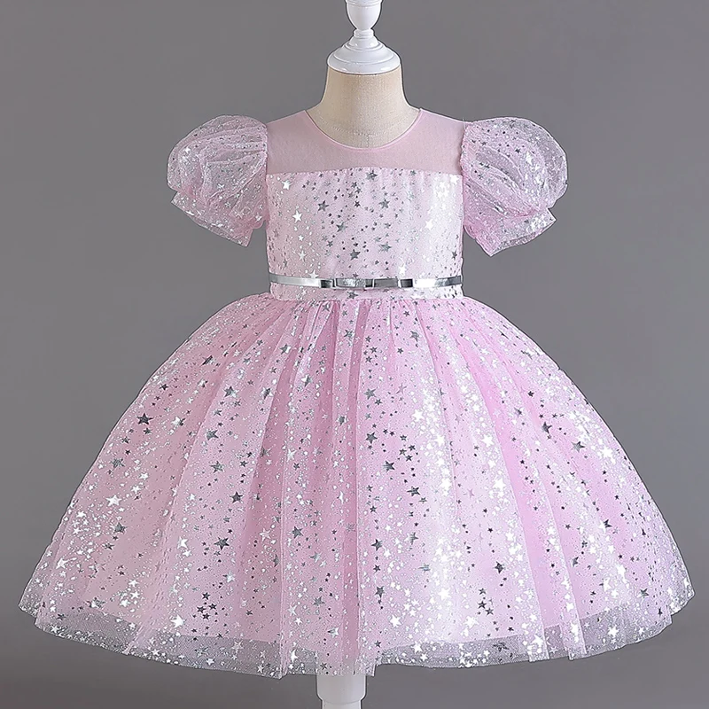 

M7603 Children's Dress Girls' Princess Sequin Bubble Sleeve Long Mesh Flower Girl Wedding Little Summer Performance Show