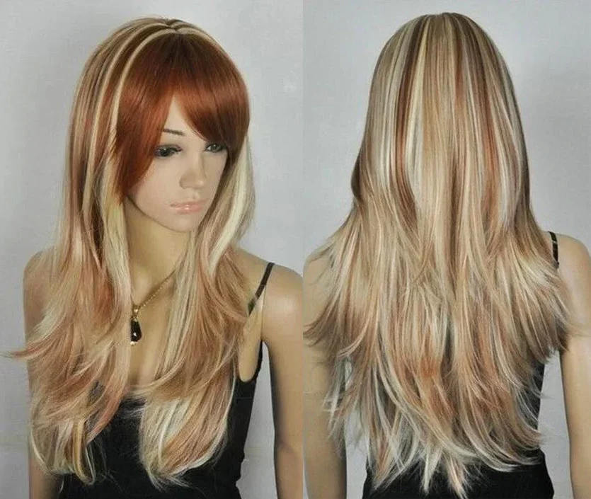 Peluca de pelo de Cosplay para mujer, pelo largo mezclado, marrón, Rubio, encantador, salud