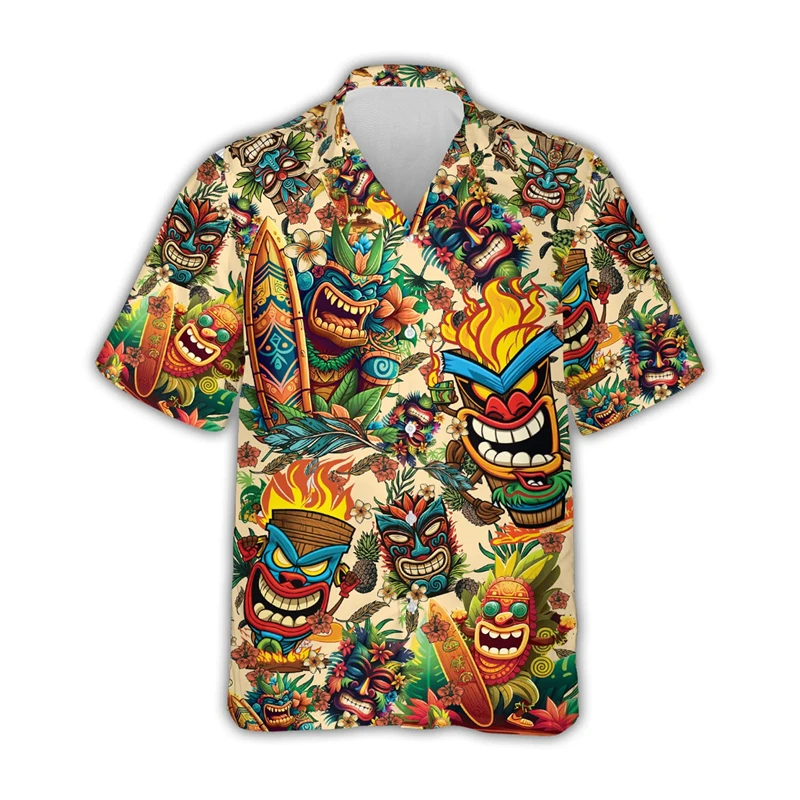 Tiki Hawaiian Vacation Shirt Men's Clothing Short Sleeves Lapel Button Shirts Horror Vintage Casual Streetwear Trendy Blouse