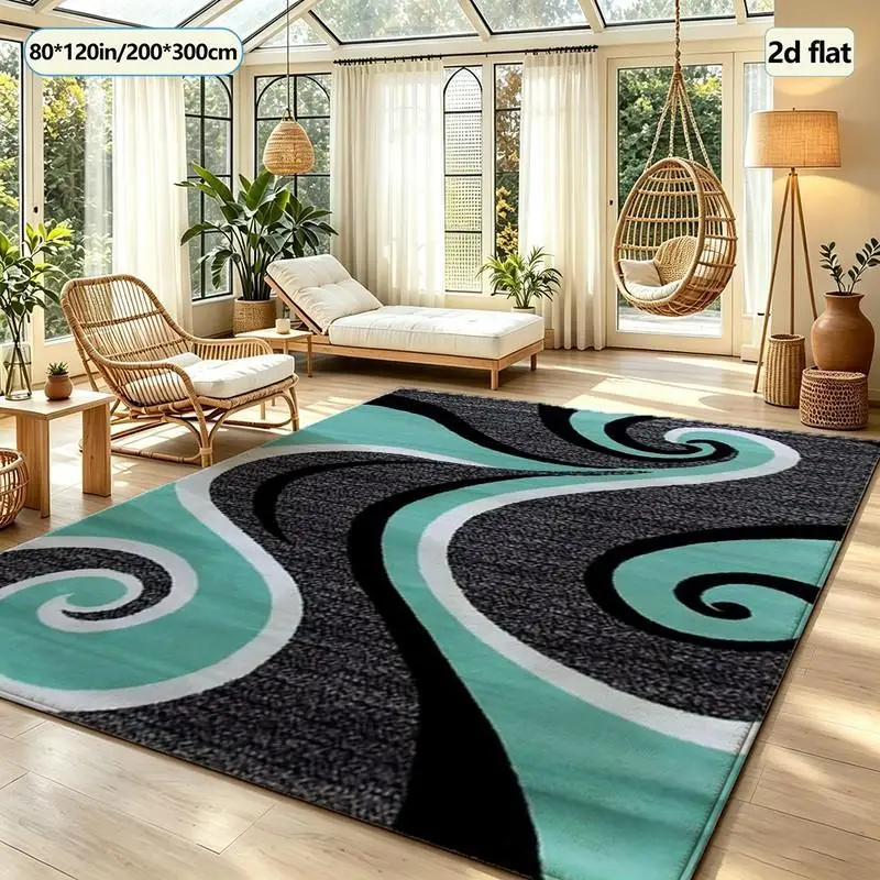 Fashion Cyan Black White Swirl Wave Abstract Carpet Floor Home Living Room Decorative Floor Mat