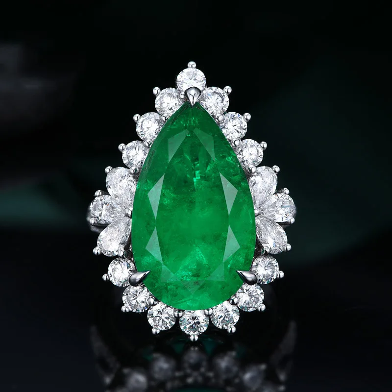 New European and American cross-border best-selling teardrop pear-shaped synthetic emerald live mouth engagement ring