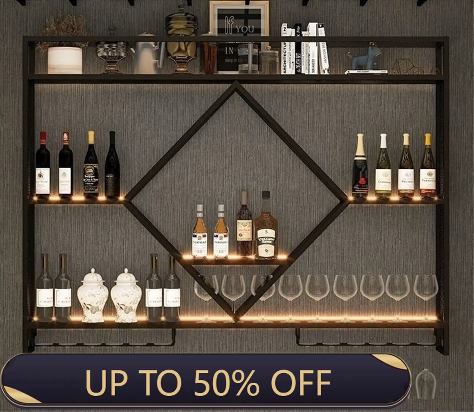Metal Wall Bar Shelves With Wine Rack, Liquor Bottle Storage Holder For Kitchen, Dining Room, Or Home Bar Decoration