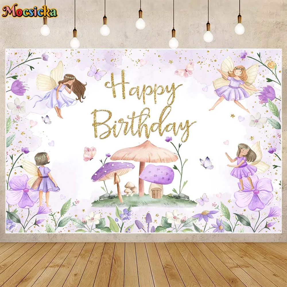 

Mocsicka Fairy Birthday Backdrop Purple Butterfly Fairy Mushroom Girl Birthday Party Decor Photo Backgrounds Banner Studio Props