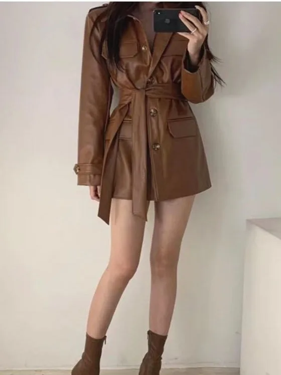 

Sli корейская длинная куртка из искусственной кожи с застежкой на талии, женское модное осенне-зимнее новое поступление, модное пальто с поясом