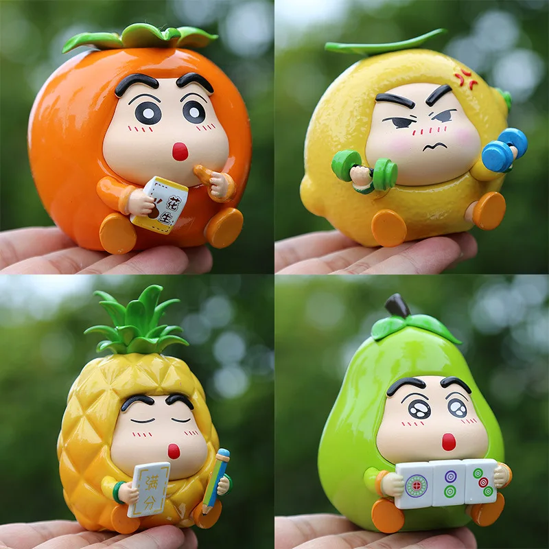 New 4Types/1set Fruit Crayon Shin-chan Figures Trendy Fun Funny Blessing Series Crayon Shin-Chan Cos Pineapple Doll Ornaments