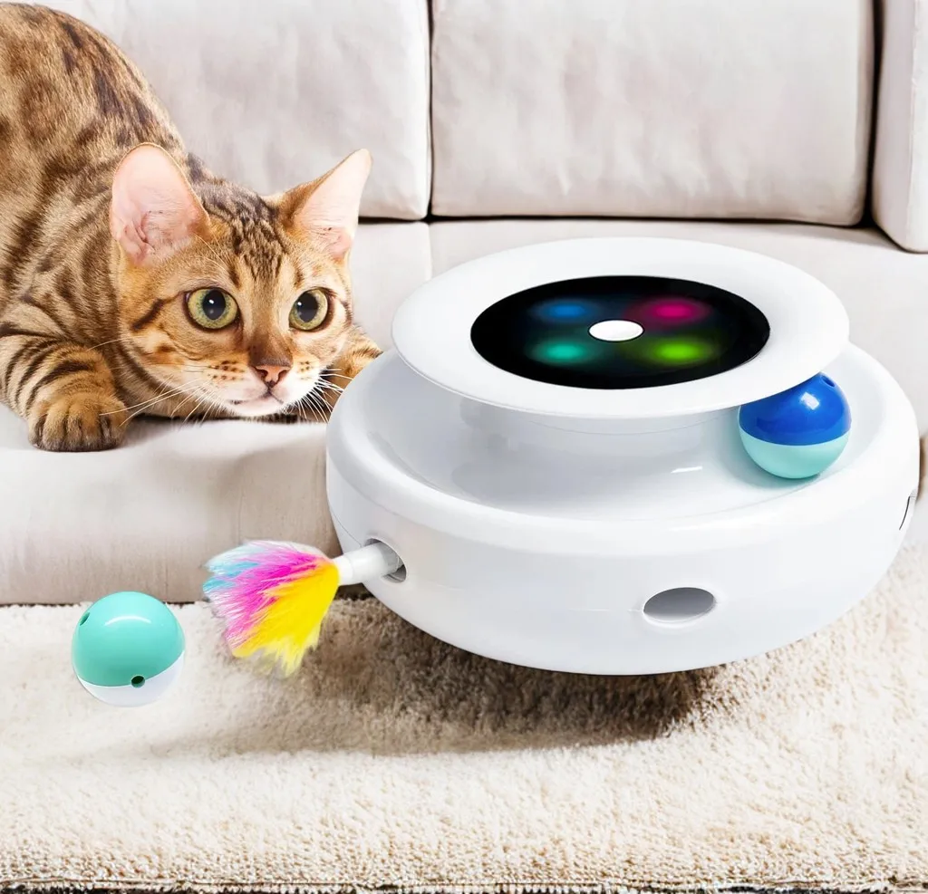 

Cat Toys 2in1 Interactive Cat Toys for Indoor Cats, Timer Auto On/Off, Cat Toy Balls & Ambush Feather Electronic Cat Toy