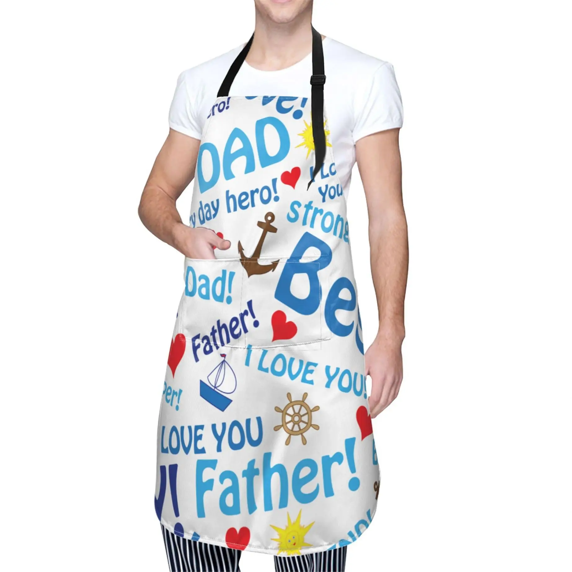 

Fathers Day Cooking Apron For Women Men With Pockets,Best Dad Hero Anchor I Love You Blue Oxford Cloth Kitchen Apron