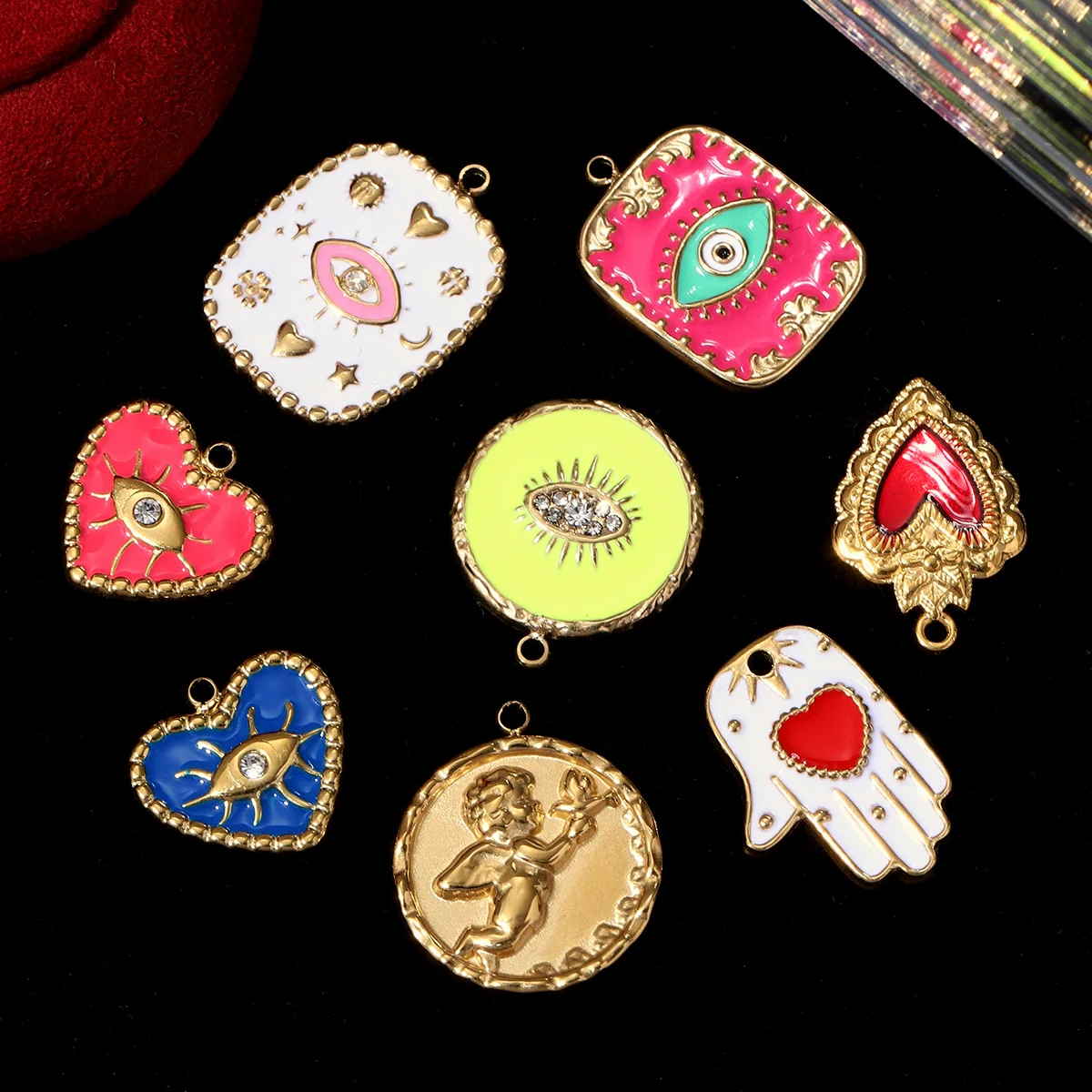 3pcs/lot Enamel Heart Evil Eye Stainless Steel DIY Charms Women Hamsa Hand Sun Necklace Pendants Handmande Jewelry Wholesale