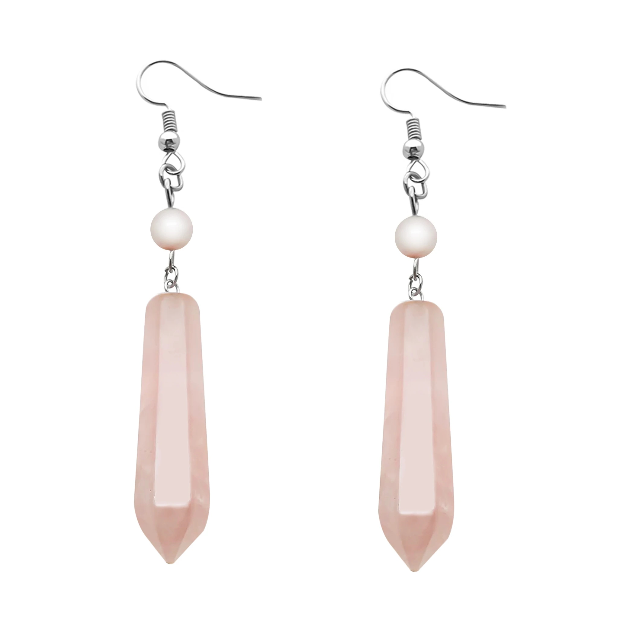 Elegant Rose Quartz Dangle Earrings For Women Handmade Stainless Steel Jewelry Pink Crystal Long Statement Earings Wedding Gift