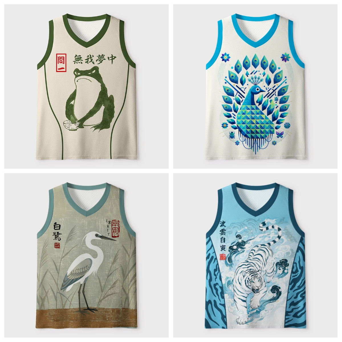 2026 new V-neck mesh basketball sports vest, Japanese ukiyo-e animal print sleeveless fitness muscle breathable sports jersey