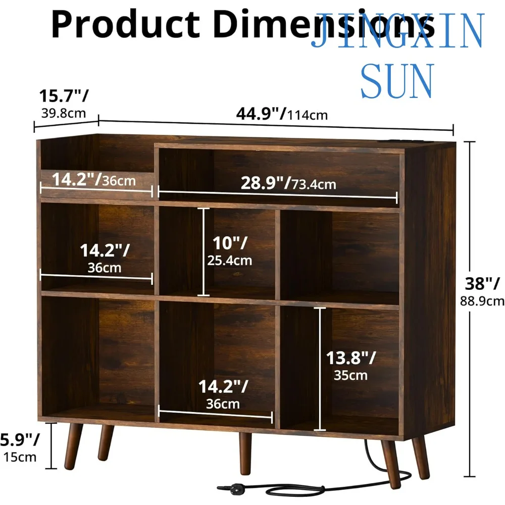 Mid Century Modern Vinyl Storage Cabinet with Open Shelf for Large Record Players and Turntable Console Table