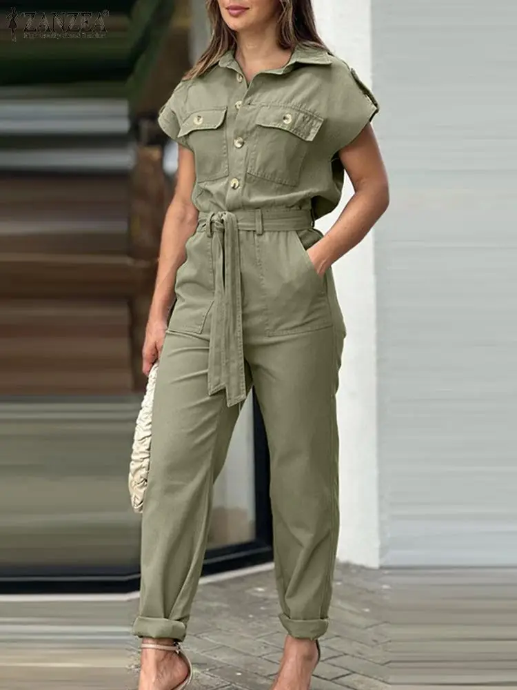 Summer Rompers ZANZEA Fashion Women Cargo Jumpsuits Vintage Short Sleeve Lapel Neck Playsuits Casual Solid Long Overalls Trouser