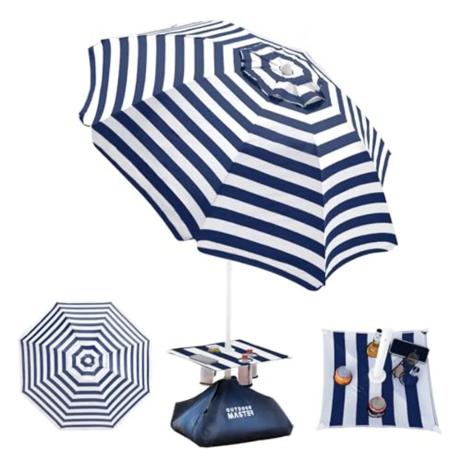 

Beach umbrella for outdoor use, heavy-duty polyester fabric, navy blue, UPF50+ sun protection, wind-resistant with sandbag anch