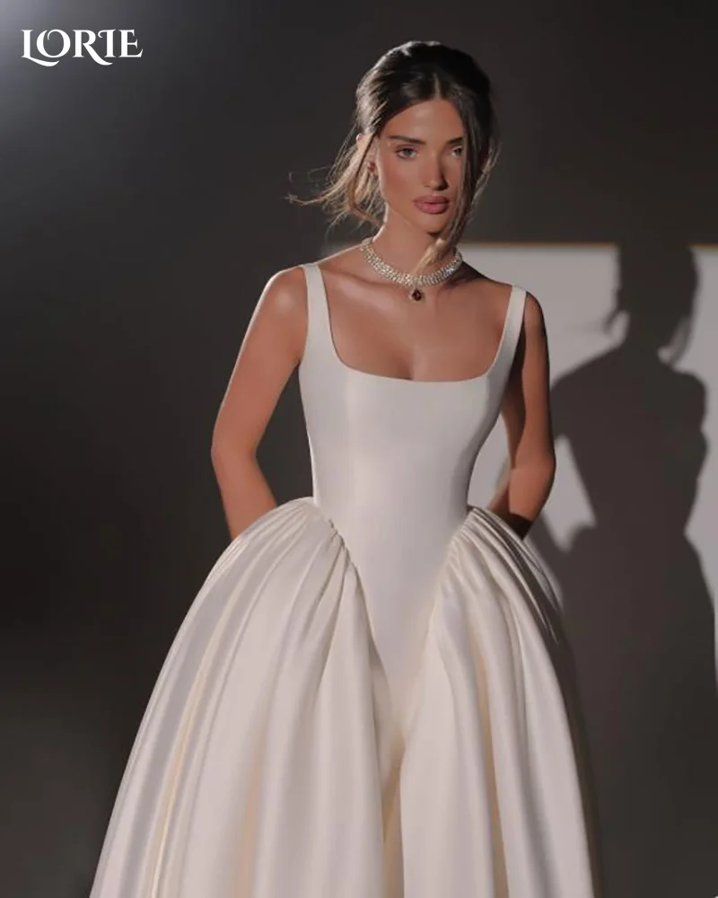 LORIE Satin Modern Wedding Dresses Squared Neck Plus Size Sleeveless A-Line Customized Ivory Bridal Gown vestidos de novia
