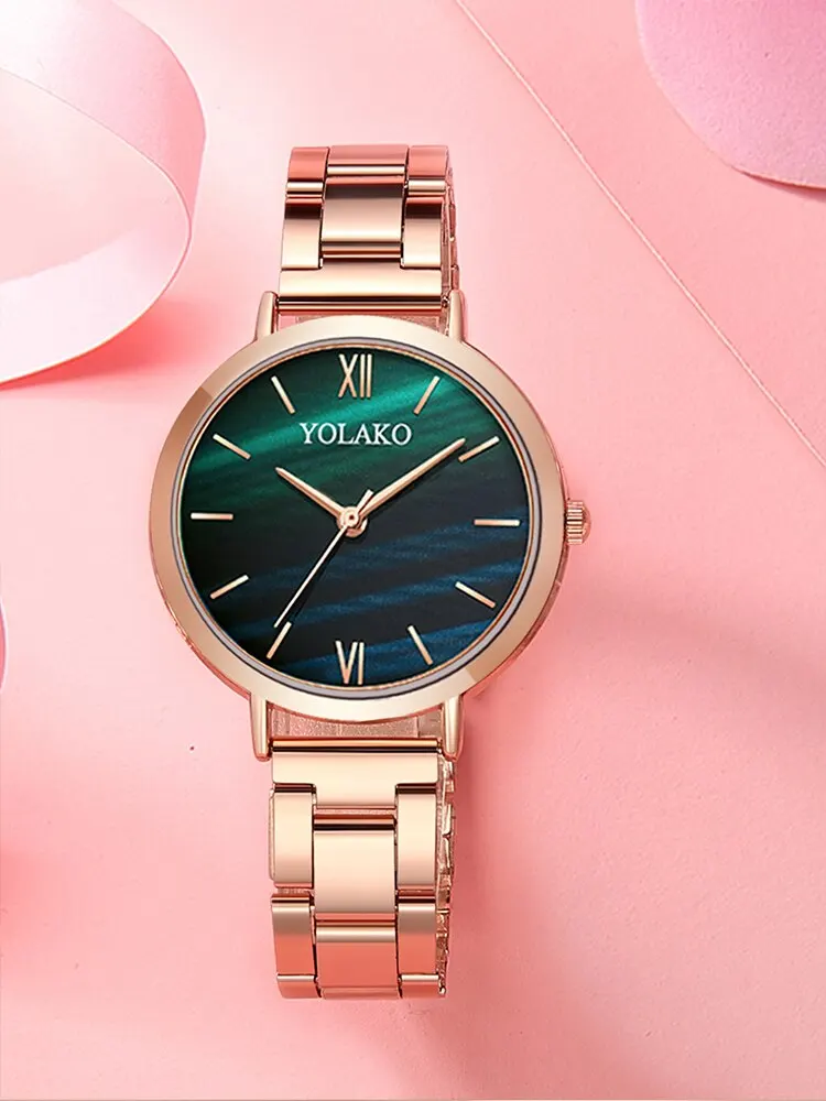 2PCs Women\'s Fashion Trend Retro Contrast Color Steel Band Quartz Watch+Bracelet Combination Set