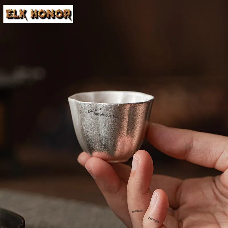 ZAEYORIA 40ml Handmade Gilded Silver Teacup Creative Petal Tea Bowl Single Cups Tea-tasting Fragrance Cup Chazhan Master Cup 1pc