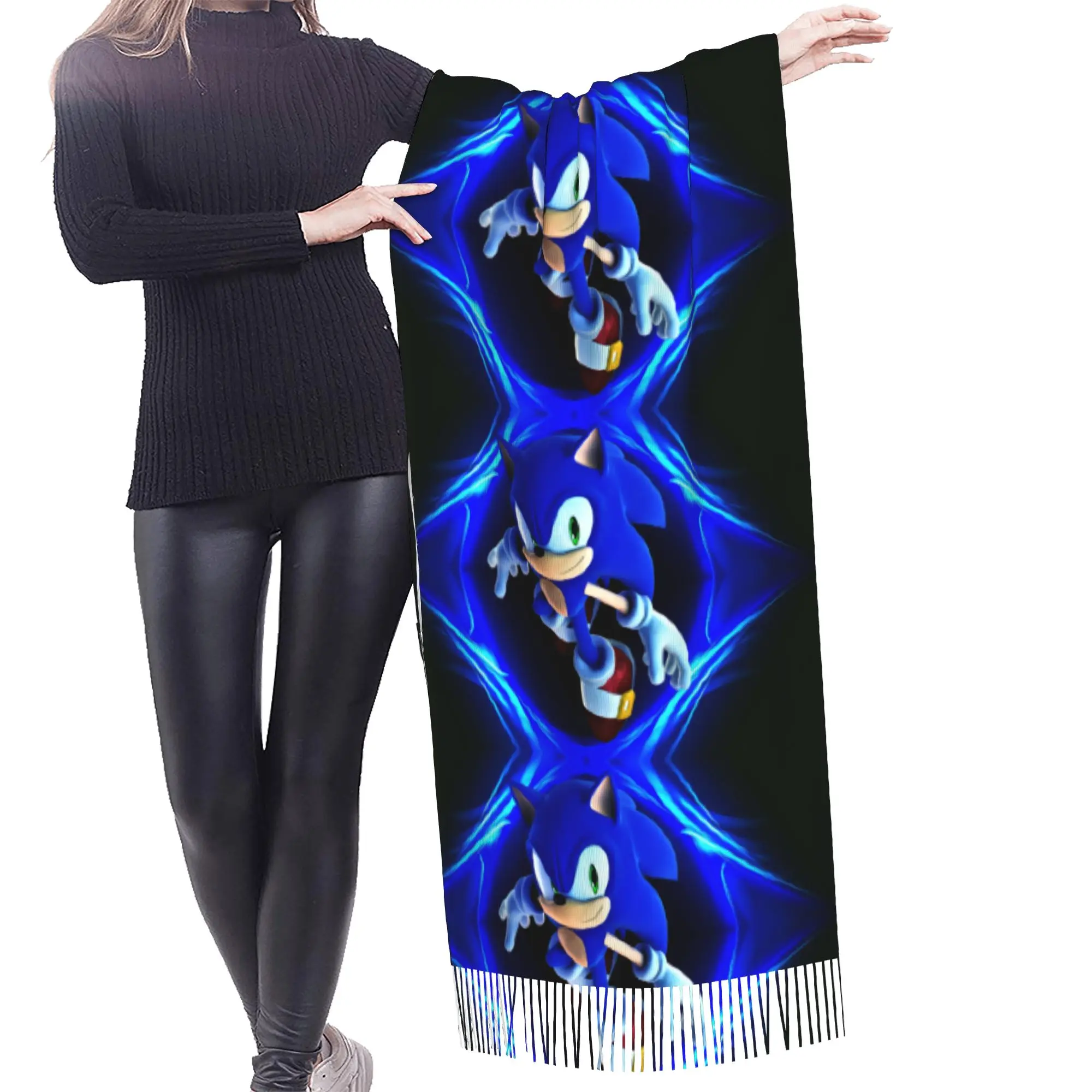 Custom S-Soniced Cartoon Scarf Wrap for Women Long Winter Warm Tassel Shawl Unisex Video Game Scarves