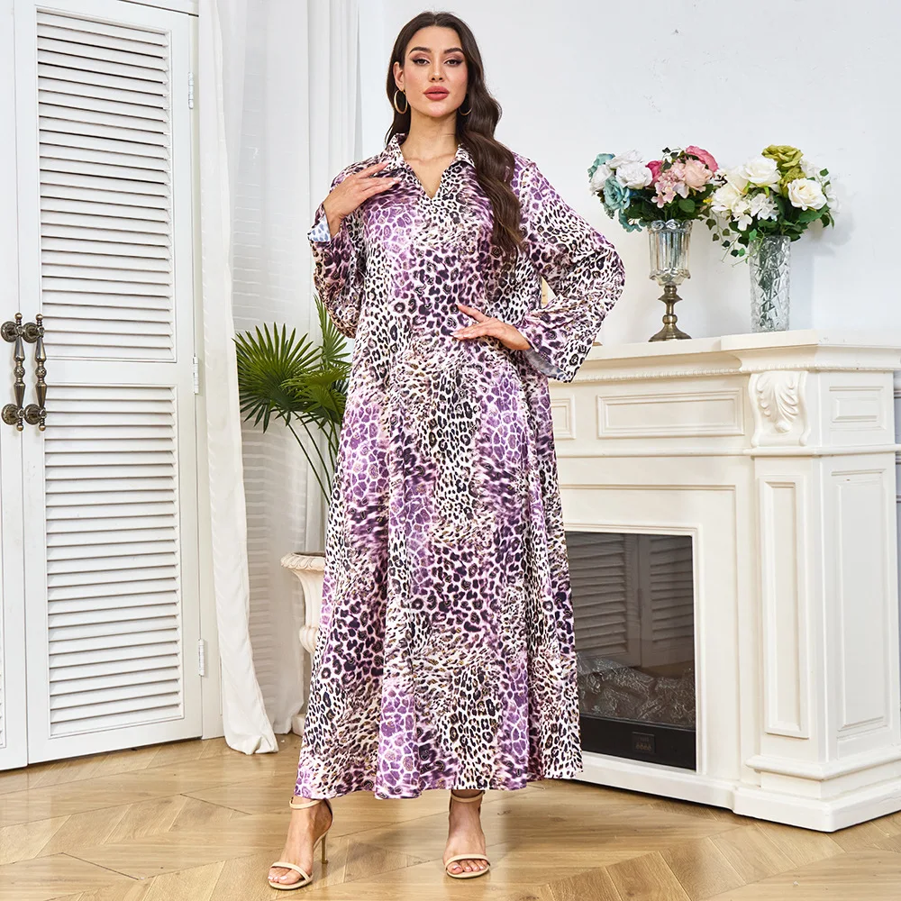 

Eid Party Dress Women Abaya Leopard Muslim Long Sleeve Jalabiya Ramadan Long Dresses Vestidos Largos Kaftan Arab Long Robe