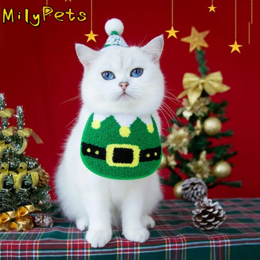 Collare per cuccioli di Natale Cani dei cartoni animati Cappello di Natale Morbido e regolabile Asciugamano per saliva di Babbo Natale Fazzoletto da collo per gatti rossi Bavaglino Cosplay Prop