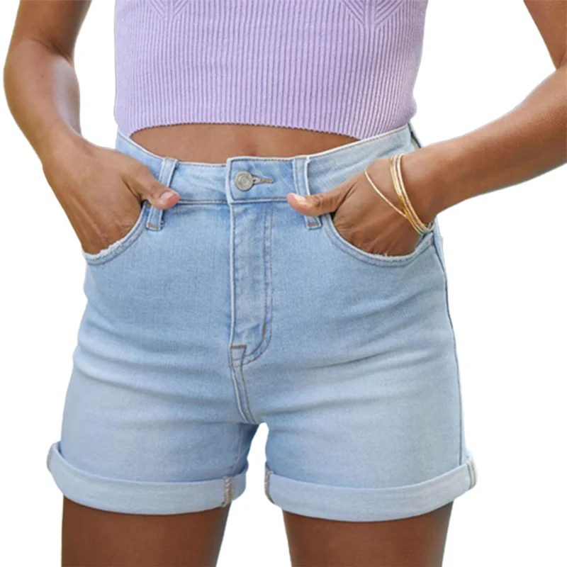 Summer Stretch Midriff Button Splice Denim Shorts Women Comfortable Casual Three Quarter Pants Female Fashion Ultra-short Jeans