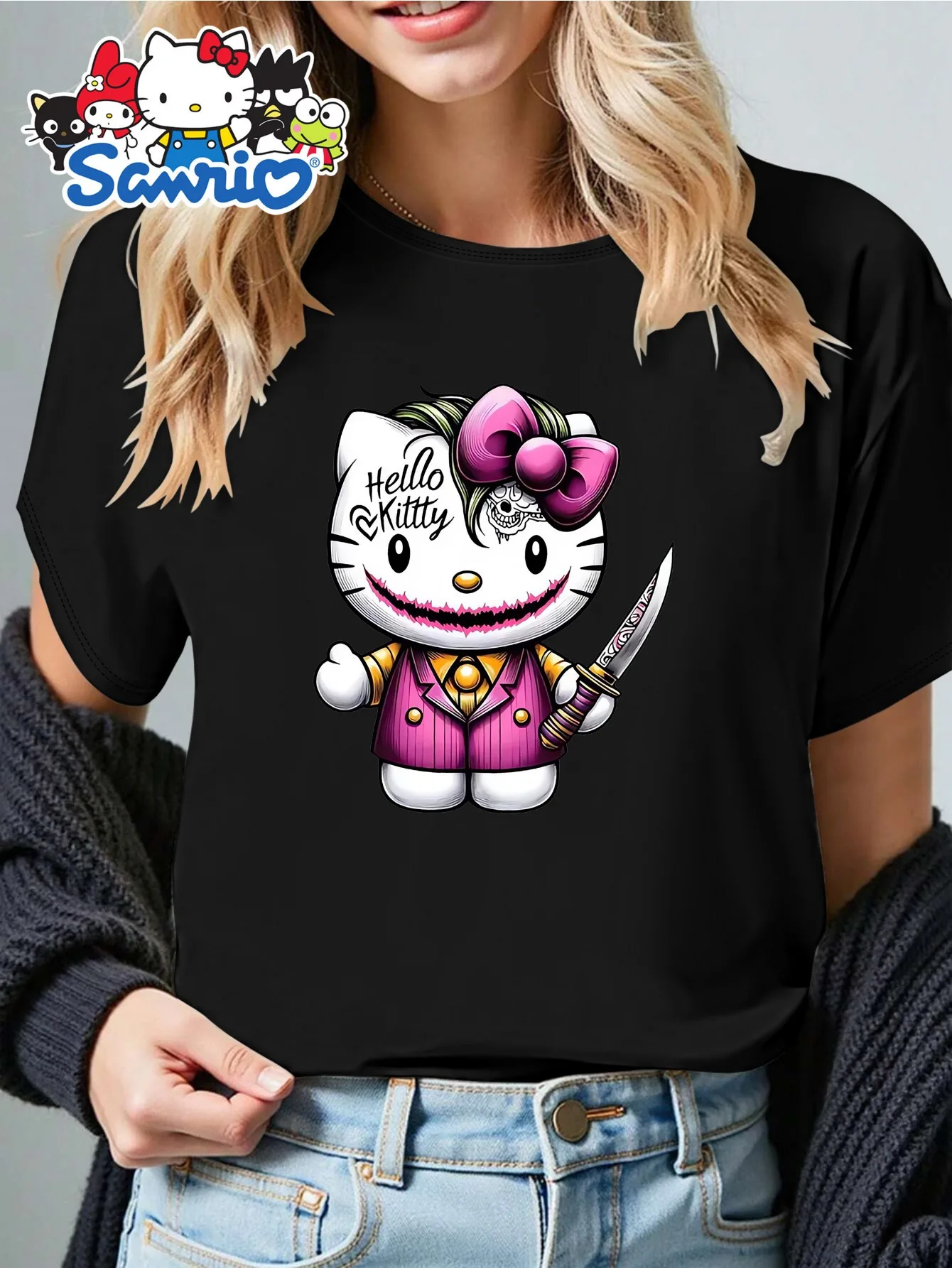 

Women'S for Hello Kitty & Joker Graphic T-Shirt - Retro Vintage Style Short Sleeve Crew Neck, Lightweight Casual Tee With