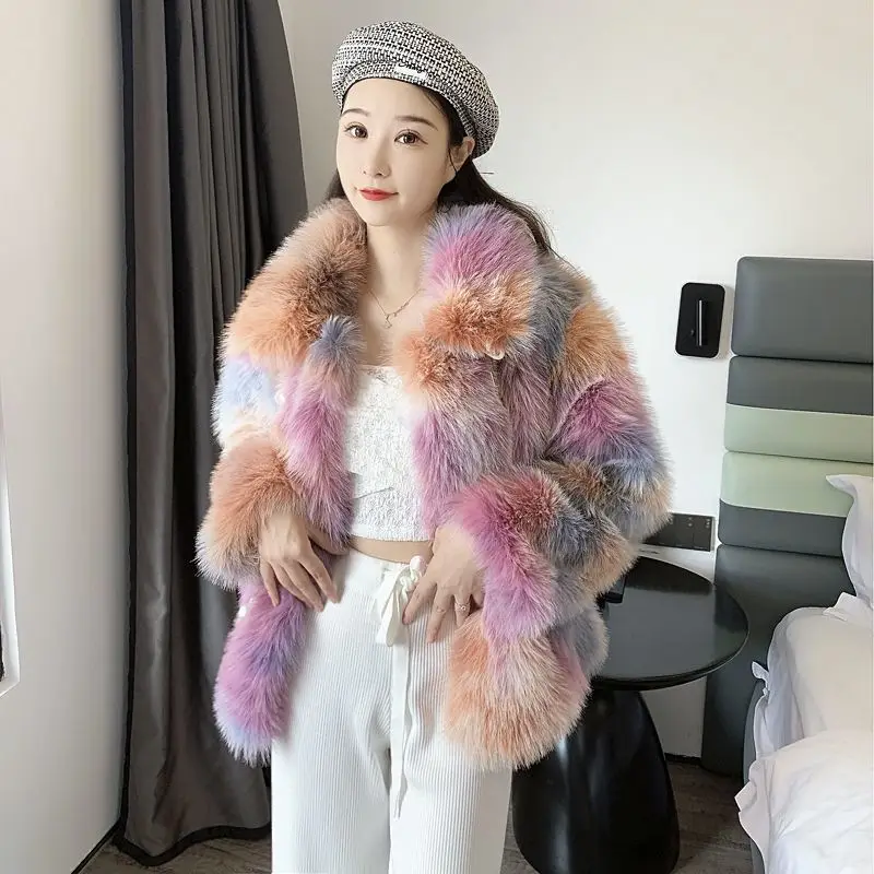 

High End Faux Lmitation Fox Fur Coat Autumn Winter Women Jacket Pearl Button Hairy Fur Collar Loose Hairy Outerwear Female